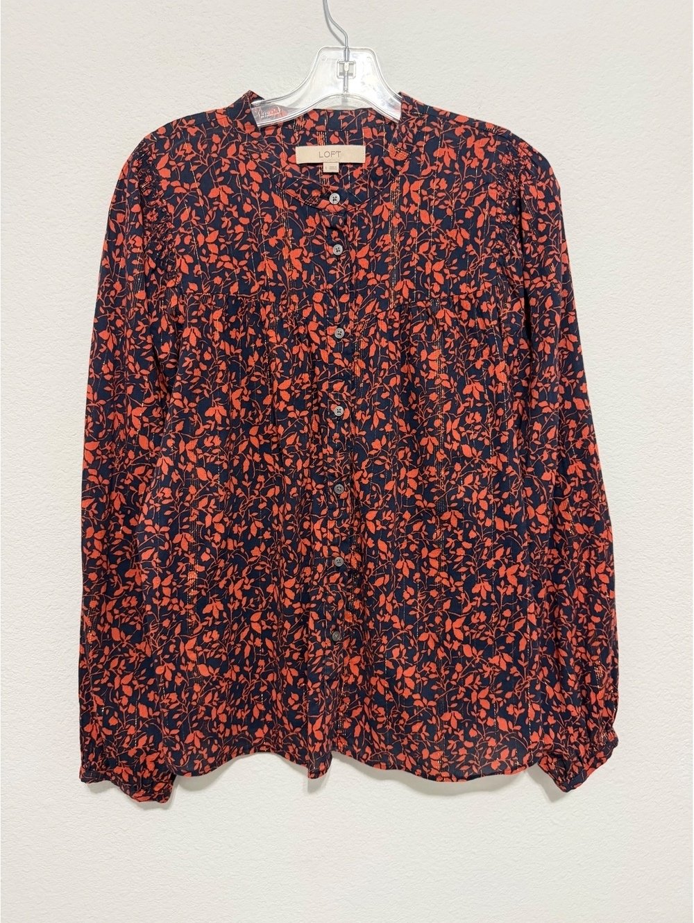 LOFT Long Sleeve Button Up Round Neck Floral Metallic Stripe Blouse Size L